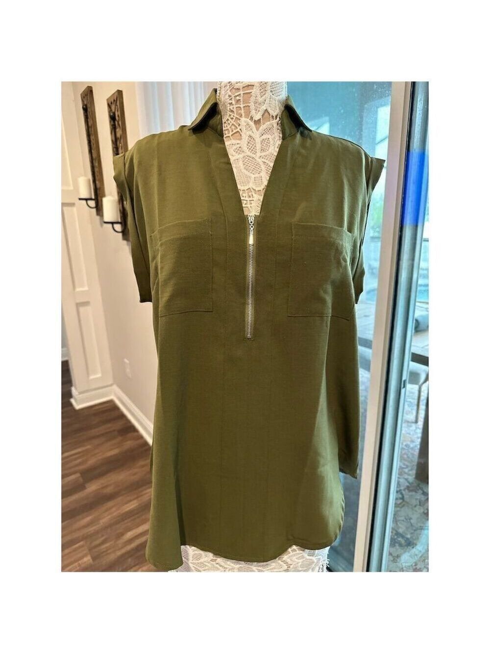 Moyabo Women's Sleeveless Collared Blouse w/ Front Zip & Pockets Green Size XL